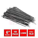 BuyCheapCables® 6" Black Nylon Cable Zip Ties Self Locking 2.5mm Tensile Strength 18lbs, 100-Pack [並