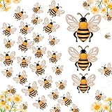 Clabby 48ピース 3D ハチ イエロー ステッカー 装飾 取り外し可能 壁画 デカール ハニービー 粘着 ホーム オフィス 冷蔵庫 デコレーション パーティー用品、3サイズ (中空スタイル)