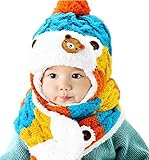 【Anjelly】 ベビー ＆ キッズ 用 ニット帽 & マフラー かわいい ワンポイントくまちゃん おまけ手袋付 選べる4色 (ブルー)
