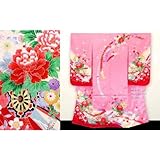 七五三 着物 7歳女の子 絵羽柄四つ身の着物(合繊)「 桃、花車に岩」STK677