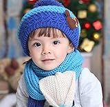 キッズ マフラー×ニット帽 2点 セット （1歳～8歳） (ブルー×アクア)