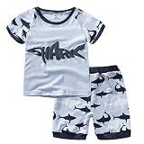春夏 子供服 キッズ 男の子 上下セット 半袖Tシャツ半ズボン パジャマ 3デザイン さめ柄 ブルー 綿130 140