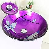 Tophome 洗面台 洗面ボウル 手洗器 洗面ボール ガラス 手洗い器おしゃれ 排水金具付 蛇口付き 紫色 蛇口セット　強化ガラス製 洗面鉢彩色上絵 手洗い器