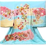 【お宮参り着物】【ブルー系 雲取り柄に四季の古典花柄】女の子 手描友禅 刺繍 正絹【風呂敷プレゼント/ギフト対応】