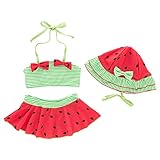 Famuka夏 子供新品女児 可愛い イチゴ水着 スイムウェア 蝶結び温泉 飾り 上着+パンツ+スイムキャップ３セット (5T, スイカ)