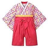 AMIGGOO キッズ 綿100% ガールズ ミニビーンズ 袴風 ロンパース 秋冬春 着物 和服 ロンパス 可愛い ベビー カバーオール 女の子 茜色 入学式 発表会 結婚式 フォーマル お食い初め 
