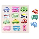 B Blesiya 3色選ぶ　パズルボード　動物/幾何図形/車ブロック　マッチングブロック　木のおもちゃ　スタッキングゲーム　子ども教育玩具 - 車ブロック