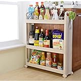 Basongギャップストレージシェルフプラスチックローリングラックストレージスペースセーバーforホーム3および4層 22x6.3x28.4" ベージュ