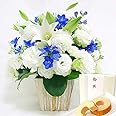 お供え 花とスイーツ 花 アレンジメント お菓子 生花 花とセット スイーツセット 御供え お盆 御供え お彼岸 おまかせアレンジメント (白色・ブルー系アレンジ, Lサイズ)