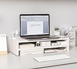 モニター台 机上台 木製 モニタースタンド 50cm横幅 パソコン台 人間工学デザイン 卓上ラック 1段/2段 pc台 木製天板 キーボード収納 モニター/ノートパソコン/プリンターに適用 (ホワイト,二層)