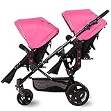 Nice Days（ナイス　ディズ）　 2人乗り ベビーカー 縦型 新生児から使える ソフト 安全　防水 紫外線防止 バギー (ブラック＋ピンク)