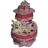 おむつケーキ【2段】ベビーソックス付きイチゴとチワワ 出産祝い女の子用オムツケーキ