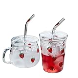 透明ガラス グラス ストロベリー柄 飲料水 タンブラー コーヒー ミルク フタ付き ストロー ガラス 飲料水 (C#)