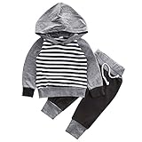 ベビー服　男の子 女の子 綿 長袖ストライプ プリントパーカーとパンツアウトフィット (90 (12-18M))