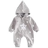 Famuka ベビー 服 新生児 秋冬 フリース ロンパース カバーオール 可愛い 星柄 フード付き(6-9M, グレー)