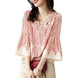 [LCDesign] レディース ベルスリーブ シフォン トップス Vネック 顔色が綺麗に見える色 ペイズリー柄 ゆったり 柔らかい生地 細見え おしゃれ かわいい チュニック (L)