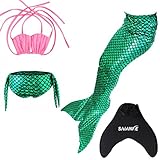 ビキニ 人魚 水着 マーメイド テール　4点セット ガールズ モノフィン付き 夏 キッズ 子供 ベビー コスチューム 人魚姫 着やせ 海 泳ぎ みずぎ かわいい スイムテール ( 140 ピンク + 