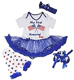 [キッズコーナー] アメリカの独立記念日 US Flags Memorial Day ベビー服 レッグウォーマー ＆ 靴下 & ヘアバンド付き ワンピースドレス チュチュ (White, 0-3 Mo