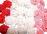 バラ 造花 50個 茎付き 8cm セット 手作り アレンジメント 結婚式 パーティー お祝い に(オフホワイト×赤×ピンク)