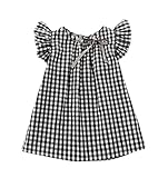 Plus Nao(プラスナオ) ワンピース 半袖 ラウンドネック 子供用 ウイングスリーブ 背中ボタン 胸元リボン バックボタン チェック柄 ブラック - 110cm