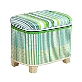 yazi-収納スツール 脚付け オットマン 足置き 天然竹 グリーン ストライプ 格子柄 NO3