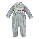 Baby Boys Plaid Woven Longall with Hand Smocked Cars カラー: ブルー