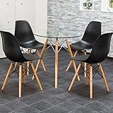 【ダイニングテーブルセット 4人用】洗練されたデザイナーズ ダイニング点セット ★イームズチェアDSW オリジナルテーブル 木脚 丸テーブル リプロダクト チェア：ブラック・テーブル：ガラス