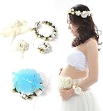 可愛いく飾る マタニティフォト撮影用小物4点セット（サッシュリボンベルト、花冠、腕輪、ベビー ヘアバンド）綺麗に保管できるIN.ESTILO®収納ケース (ホワイト)