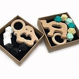 Kissteether 2pcs ベビーテザーカスタムオーガニック木製の動物は、遊ぶジムおもちゃ赤ちゃん歯があるおもちゃシリコーンテイザー BPA無料DIY赤ちゃん歯があるおもちゃ (色 3)