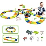 Raceレール車トラックToy Set for Kids誕生日andクリスマスギフトAge 3、4、5、柔軟なグローin theダークツイスタートラックwith LED電池式車、木、道路標識とブリッジ
