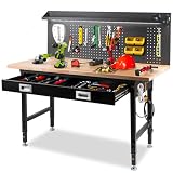 MUWOOD 引き出し付き60インチワークベンチ、ストリップライト付きガレージ用ワークベンチ、大型ペグボード付き調節可能な作業台、2000ポンドの高耐久テーブル、ガレージ、オフィス用の電源コンセント付きラバーウッド。