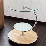【サイドテーブル ガラス】3つの円が織りなすモダンスタイル ★ サイドテーブル ディスプレイ 木製 ガラス天板 3段 強化ガラス キャスター付き 色：ナチュラル