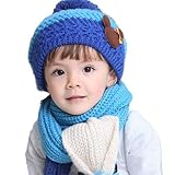 N-hilfe キッズ ニット帽 x マフラー あったか 帽子 女の子 防寒 ニット帽子 子供用 (青)