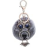 女性ファッション小物　ハンドバッグペンダント　合金のフクロウの人造毛皮の　ふわふわのポンポンボールキーホルダー　キーリング　グレー