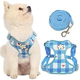 KUVEELA PET ペット用ハーネス＆リードセット 犬 ハーネス 犬のリード ドッグウエア 胴輪 調節可能 お散歩 お外出 着脱簡単 小型犬 中型犬 大型犬（（格子）ブルー M）
