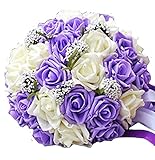 【19blue】 ウェディング ブーケ 花束 バラ 造花 リストレット 2点セット (パープル)