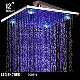 Cascada 12 Inch Square Rainfall LED Shower Head (4 Large Lights @ Corner), Stainless Steel with Chro