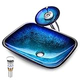 Aquaterior 強化ガラスシンク トランジショナルスタイル 洗面器 ウォーターフォール 蛇口 長方形 芸術的 洗面台 シンクキット バスルーム 化粧台