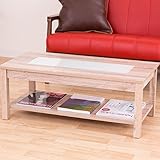 【お洒落な強化すりガラスを中心に】 木製 センターテーブル 収納棚付き ロータイプ オリーブ 組立簡単 色： ホワイトウォッシュ