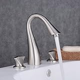 Beelee Three Holes Double Knobs Gooseneck Widespread Bathroom Sink Faucet, Brushed Nickel Finished [
