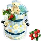 お洒落で実用的な赤ちゃん出産祝い『くまさん・ラテ 』[ブルーリボン] 苺とクマちゃんの2段おむつケーキ M