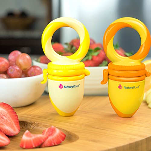 NatureBond Baby Food Feeder/Fruit Feeder Pacifier (2 Pack) - Infant Teething Toy Teether in Appetite Stimulating Colors | Bonus Includes Silicone Sacs (Sunshine Orange & Lemonade Yellow) NatureBond Baby Food Feeder/Fruit Feeder Pacifier (2 Pack) - Infant Teething Toy Teether in Appetite Stimulating Colors | Bonus Includes Silicone Sacs (Sunshine Orange & Lemonade Yellow)