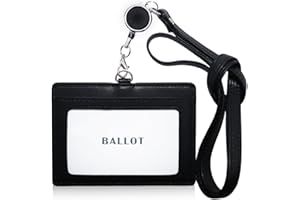 BALLOT [スーッと伸び〜る] 本革 IDカードホルダー ネームホルダー 横型 パスケース ネックストラップ 伸縮リール付き (ブラック)