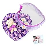 Yobansa 造花 ソープ フラワー プレゼント 枯れない お花 薔薇 かわいいクマ 石鹸 バラハート型ギフトボックス 誕生日 結婚 記念日 卒業 入学 出産 お祝い,18本 (パープル 23本)