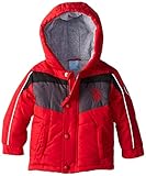 U.S. Polo Assn. Baby Boys' Chest Stripes Puffer Jacket with Hood Red 12 Months [並行輸入品]