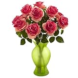 Home Indoor Decorative Tabletop Roses with Colored Glass Vase Dark Pink