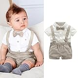 Kunton 乳幼児の男の子のカラーが半袖シャツチュニック+サロペット+蝶ネクタイの3点セットで、紳士服 (カーキ, 24M/90)