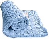 Wallaboo 100% Organic Cotton Sweater Knit Blanket Noa with Wide Ribbed Border, Sky Blue by Wallaboo