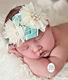 ☆素材の違うお花とレースがエレガントお花とラインストーンのヘアバンド☆アイボリー＆アクア