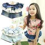 即納夏子供服キッズボトムス半ズボン・ショットパンツ女の子ジーンズショットパンツゴム＆レース付きウエスト100cm 110cm 120cm 130cm 140cm lightblue,130